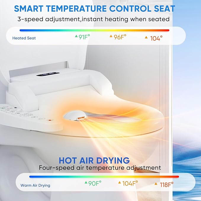 Upgrade Bidet Toilet Seat Elongated, Rear and Feminine Wash, Unlimited Warm Water, Heated Seat, Warm Air Drying, Soft Close Lid, Sense Seat