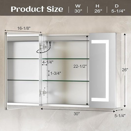 30x26 Inch Bathroom Medicine Cabinet with Mirror, Lighted Bathroom Mirror with Storage, Recessed /Surface Mount Medicine Cabinet with Socket & USB, Anti-Fog, 3 Colors Temperature, Dimmable Light