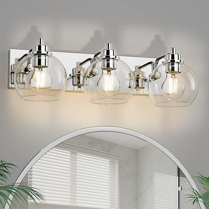 3 Light Bathroom Light Fixtures-Chrome Bathroom Vanity Lights, Modern Vanity Lights 3-Light Bathroom Lighting Fixtures Over Mirror with Clear Glass Globe Shade