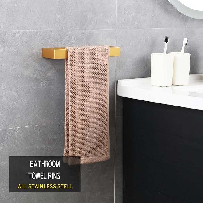 GERZWY Gold Stainless Steel Towel Holder Towel Hanger Towel Ring for Bathroom Lavatory Wall Mount Contemporary Style