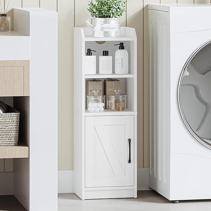 Bathroom Storage Cabinet, Small Farmhouse Corner Floor Cabinet with Door and Shelves, Narrow Toilet Paper Holder Stand, Bathroom Organizer with Adjustable Shelf, for Small Spaces, White