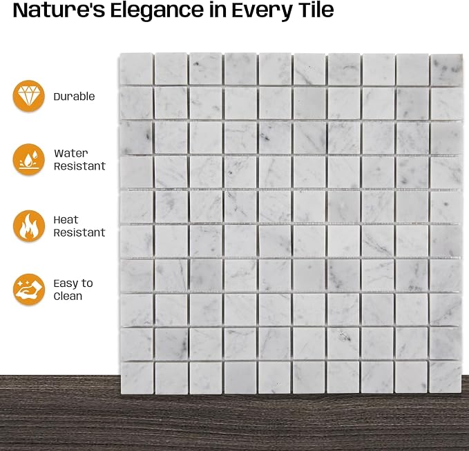 Carrara Marble Mosaic Tile for Kitchen Bathroom Floor 1 Inch Square 5 Pcs | Water & Heat Resistant Honed Marble Backsplash Tiles for Wall Fireplace Surround Durable Unique Veins 3.9SQFT