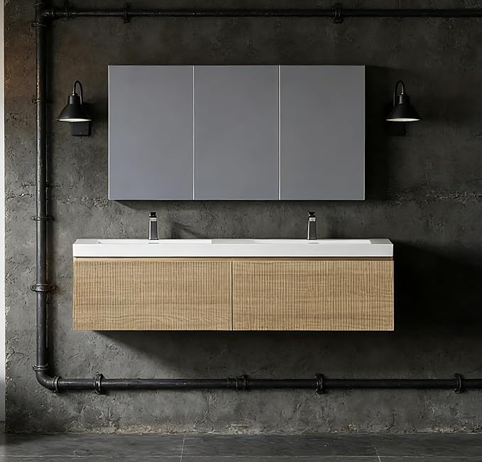 VUMALL60'' Modern Floating Bathroom Vanity Sink Combo, Wall-Mounted Striped Cabinet, Soft-Close Drawer, Glossy White Basin, Compact Elegant Storage-Natural Oak