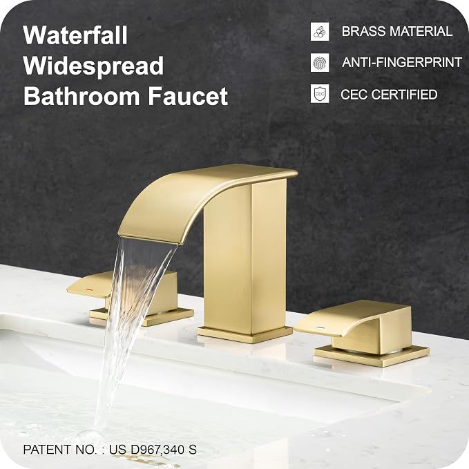 8 Inch Waterfall Bathroom Faucets 3 Hole - Brushed Gold Widespread Bathroom Faucet with Pop-up Drain, Two Handles Bathroom Sink Faucet, Modern Vanity Sink faucets with Supply Lines
