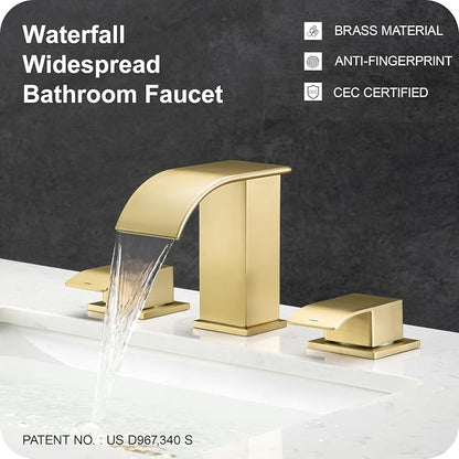 8 Inch Waterfall Bathroom Faucets 3 Hole - Brushed Gold Widespread Bathroom Faucet with Pop-up Drain, Two Handles Bathroom Sink Faucet, Modern Vanity Sink faucets with Supply Lines