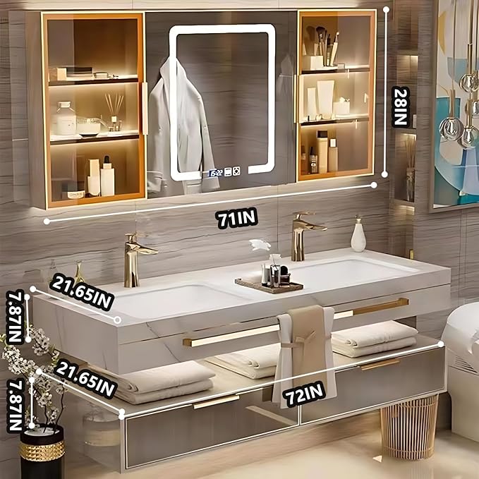 Bathroom Vanity with Sink - Single/Double Sink Bathroom Vanity & LED Fog Removal Mirror Cabinet, Modern Design, Wall-Mounted Floating Vanity (Double Sink, 72")