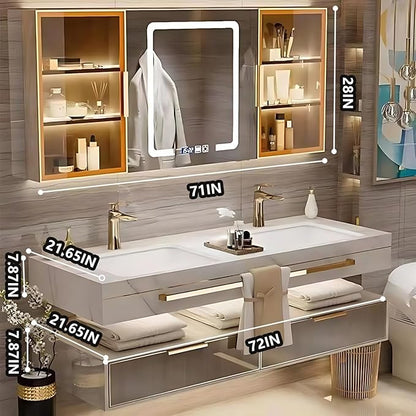 Bathroom Vanity with Sink - Single/Double Sink Bathroom Vanity & LED Fog Removal Mirror Cabinet, Modern Design, Wall-Mounted Floating Vanity (Double Sink, 72")