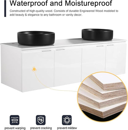 60 Inch Bathroom Vanity with Sink, 60" Floating Bathroom Vanity with Double Vessel Sinks, Modern Wall Mounted Cabinet Set, White Cabinet with 4 Doors and 2 Black Ceramic Basin Sinks, Large Countertop