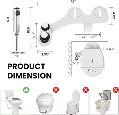 2-in-1 RV Bidet Attachment and Handheld Sprayer Combo for Camper Toilet, Non-Electric Dual Nozzle Toilet Bidet with Metal Spray Wand, Adjustable Pressure