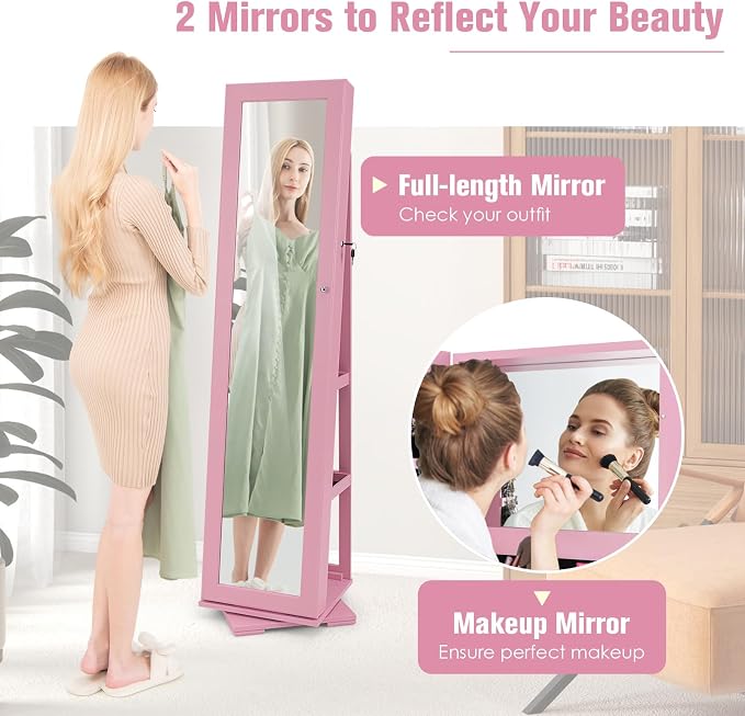 360° Rotating Jewelry Armoire, Freestanding Jewelry Cabinet with Inside Makeup Mirror, 2-in-1 Lockable Jewelry Organizer w/Full-Length Mirror for Women (Pink)