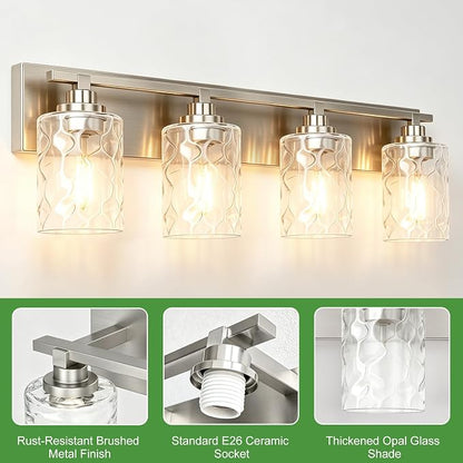 Modern Bathroom Lighting Fixtures Over Mirror, Vanity Lights for Bathroom, Wall Sconces with Clear Glass Shades, E26 Ceramic Socket, 4-Light 27.5-inch Brushed Nickel