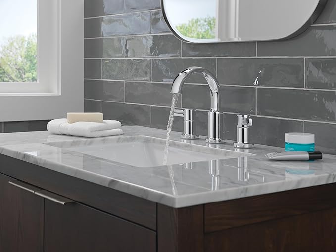 Delta Albion Chrome Bathroom Faucet 3 Hole, 8 Inch Widespread Bathroom Sink Faucet for Vanity, Metal Push-Pop Drain Assembly, Chrome 35855LF