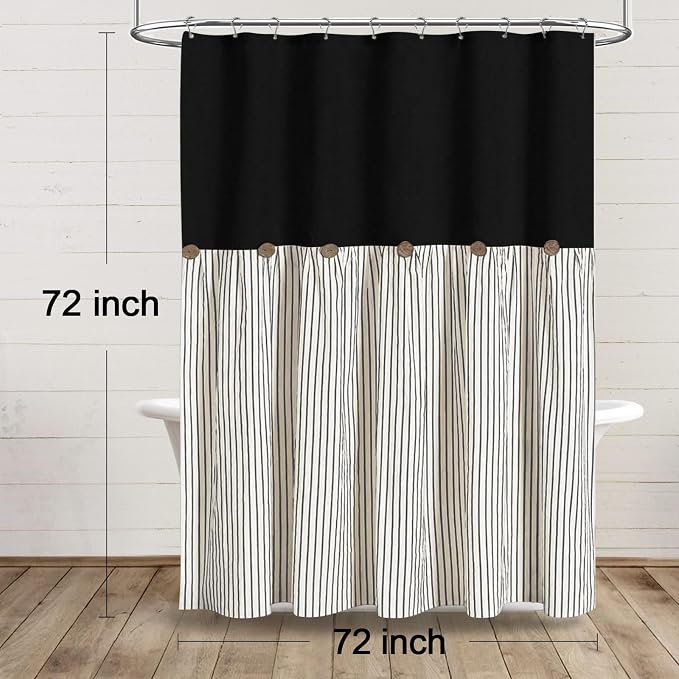Farmhouse Shower Curtain Button Black-Black Stripe 72" W x 72" L | Farmhouse Style, Chic Button, Striped, Linen Fabric, Rustic, Country, Natural Look, Washable, for Bathroom Bathtub
