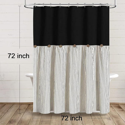 Farmhouse Shower Curtain Button Black-Black Stripe 72" W x 72" L | Farmhouse Style, Chic Button, Striped, Linen Fabric, Rustic, Country, Natural Look, Washable, for Bathroom Bathtub