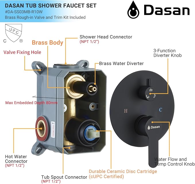 DASAN Tub Shower Faucets Sets Complete Bathtub Faucet Set Matte Black Bathtub Shower System with Tub Spout, Bathroom Tub and Shower Faucet Combo Trim Kit with Rough-in Valve, DA-SS03AMB-R10W