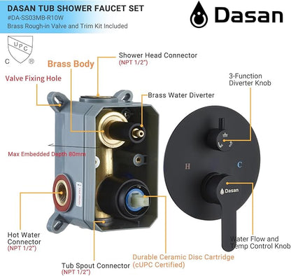 DASAN Tub Shower Faucets Sets Complete Bathtub Faucet Set Matte Black Bathtub Shower System with Tub Spout, Bathroom Tub and Shower Faucet Combo Trim Kit with Rough-in Valve, DA-SS03AMB-R10W