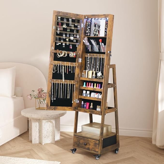 Mirror Jewelry Cabinet with wheels 62 Inch Full Length Mirror with Standing Jewelry Armoire Organizer, Lockable Jewelry Storage Cabinet With Drawer