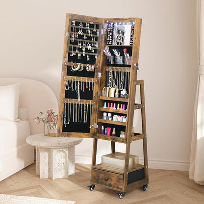 Mirror Jewelry Cabinet with wheels 62 Inch Full Length Mirror with Standing Jewelry Armoire Organizer, Lockable Jewelry Storage Cabinet With Drawer