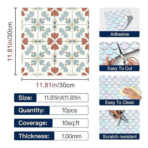 Muted Floral Geometric Peel and Stick Floor Tiles 12x12 Inch 10PCS | Muted teal rust and cream floral geometric pattern vinyl floor stickers for kitchen bathroom entryway and indoor home decor