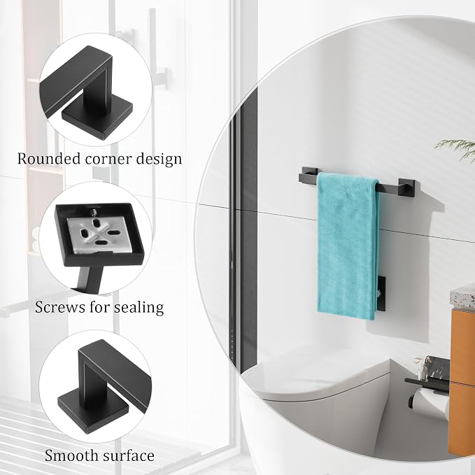 Alise Towel Bar Towel Racks for Bathroom Wall Mount 16 Inch,Matte Black | SUS304 Stainless Steel Bathroom Towel Holder, Full Square Towel Rod Towel Hanger for Bathroom Lavatory Kitchen