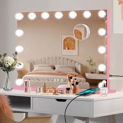 Moonee Pink Vanity Mirror with Lights, Hollywood Lighted Makeup Mirror with 15 Dimmable Bulbs and 10X Magnification, 3 Colors Modes, Aluminum Metal Frame, Light Up Mirror for Tabletop/Wall（23" x 18"）