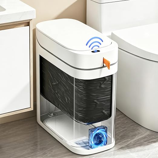 Touchless Bathroom Trash Can, 3.5 Gallon Small Slim Motion Sensor Automatic Garbage Bin with Lid, Rechargeable with Auto Bag Adsorption & One-Pull Sealing Trash Bin for Kitchen, Bedroom Office RV