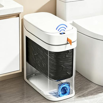 Touchless Bathroom Trash Can, 3.5 Gallon Small Slim Motion Sensor Automatic Garbage Bin with Lid, Rechargeable with Auto Bag Adsorption & One-Pull Sealing Trash Bin for Kitchen, Bedroom Office RV