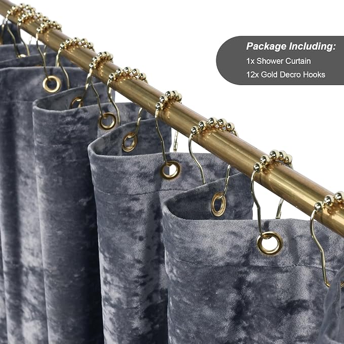 TAMGHO Crushed Velvet Shower Curtain, Grey, 72" x 72” | Coordinating Gold Grommets and Hooks, Machine Washable, Water Repellent