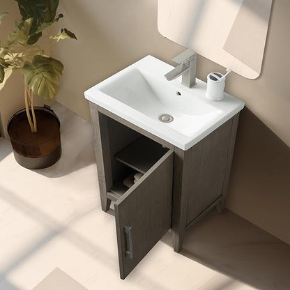 Vanity Art 20 inch Bathroom Vanity with Single Sink & Ceramic Top, Vanity Cabinet with Soft-Closing Doors, Solid Wood Frame, Driftwood Gray, VA9020-DG-BN1