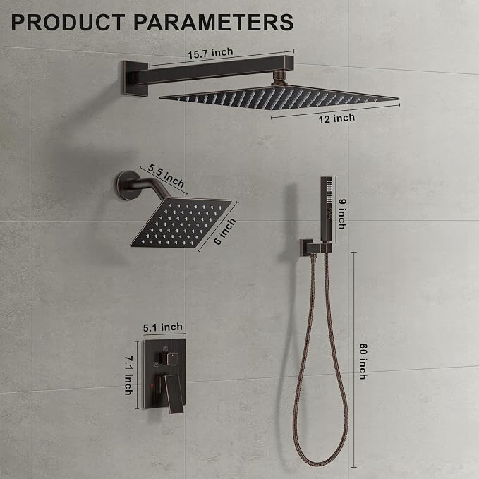 Rain Shower System 12" & 6" Dual Shower Heads, Wall Mount Shower Faucet Set | Ideal for bathroom remodels and upgrades with 12" rain shower, 6" angled shower, handheld spray and complete valve kit.