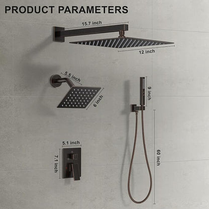 Rain Shower System 12" & 6" Dual Shower Heads, Wall Mount Shower Faucet Set | Ideal for bathroom remodels and upgrades with 12" rain shower, 6" angled shower, handheld spray and complete valve kit.