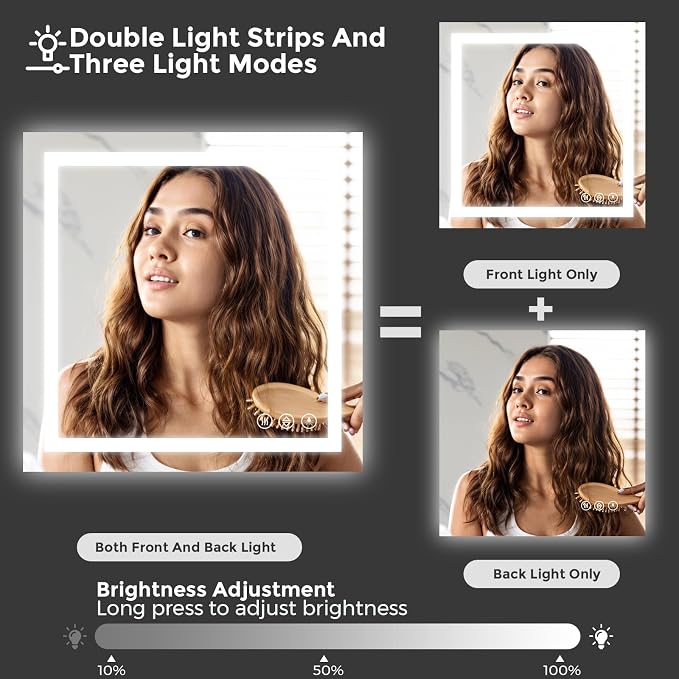 Koonmi 30x30 LED Bathroom Mirror with Light, Anti-Fog, 3 Colors | Backlit + Front Lit, Dimmable Brightness, Shatterproof HD Distortion-Free Tempered Glass, Hardware Included