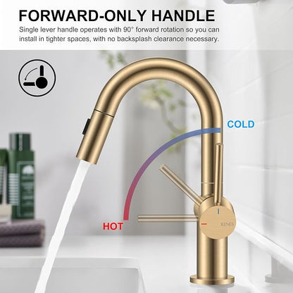 Champagne Bronze Pull Down Bathroom Faucet, 1 Handle Vanity Faucet | Bathroom Sink Faucet with Pop Up Drain & 6 Inch Deck Plate, Lead-Free cUPC & NSF Certified, 1 Hole Faucet for Vanity RV Bar