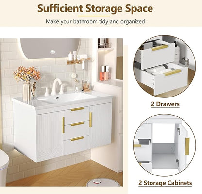 36 Inch Bathroom Vanity with Sink, Wall Mounted Bathroom Storage Cabinet with 2 Doors and 2 Drawers, Floating Bathroom Vanities with Decor Line