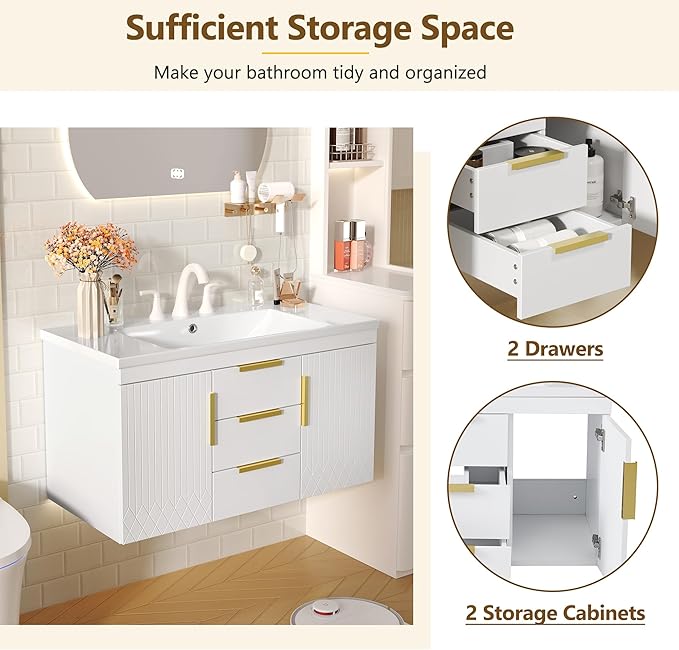 LUMISOL 36" Floating Vanity Bathroom with Sink, Wall Mounted Bathroom Vanity with 2 Doors & 2 Drawers, Modern Bathroom Storage Cabinet with Undermount Sink, White