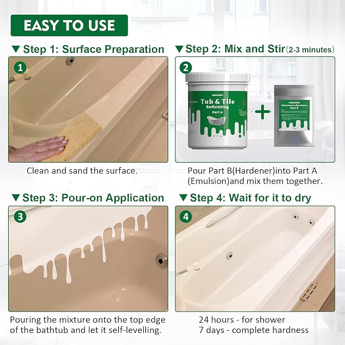 NADAMOO Tub and Tile Refinishing Kit White, Without Tools, 500g/17 oz Emulsion and 10g Hardener