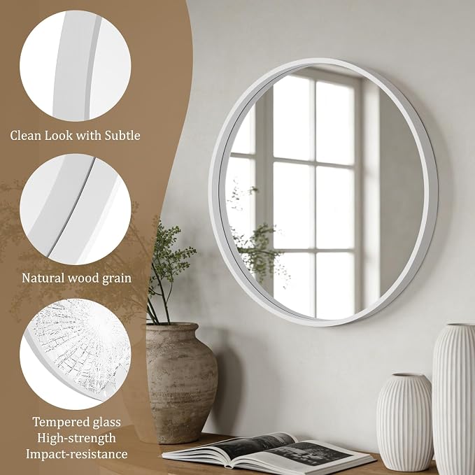 Round Wood Mirror 24 inch Circle Wall Mirror for Bathroom Round Wall Mirror for Wall Decor, Vanity, Entryway Living Room (White)