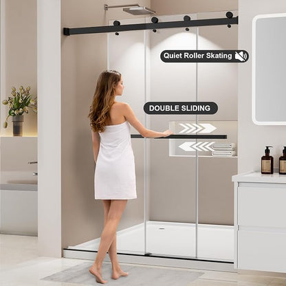 Frameless Stainless Steel Sliding Shower Door, 56-60" W x 76" H - 1/4” (6mm) Thick Tempered Glass Rust-Proof Glass Shower Door with Dual Tracks in Matte Black