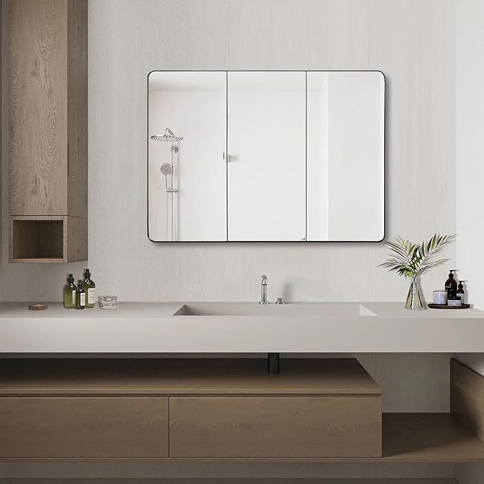 Black Bathroom Medicine Cabinet with Round Corner Framed Door, 40 x 25.5 inch, Recessed or Surface Mount, with Adjustable Glass Shelves