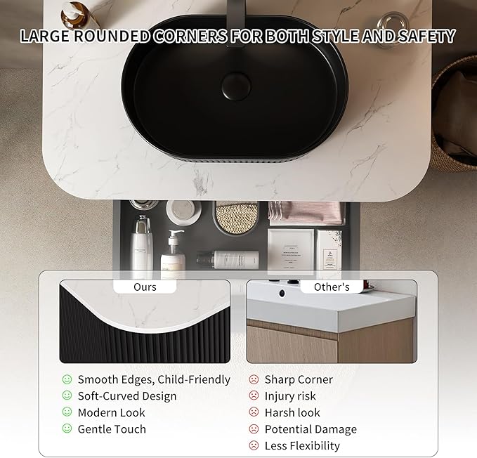 Yayzy 48" Floating Bathroom Vanity with Sink, Solid Wood Fluted Cabinet, Black Fluted Oval Ceramic Basin & Faux Marble Top, Soft-Close Drawer, Pre-Assembled, Gloss Black
