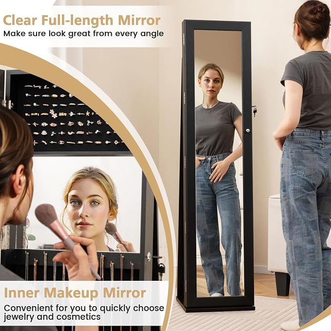 COSTWAY Standing Jewelry Cabinet, Large Capacity Jewelry Organizer w/Full-Length Mirror & Rear Storage Shelves, Lockable Mirror Jewelry Armoire with Keys for Girls Women (Black)