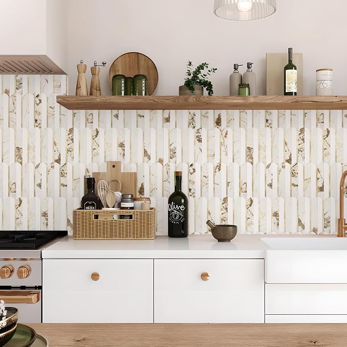 Vamos Tile Peel and Stick Backsplash Seamless Tile,10-Sheet Fish Scale Tile | Stick on Backsplash for Kitchen & Bathroom,White Marble Look PVC+Metal Gold Self Adhesive Mosaic Wall Tiles,11.9''x10.8''