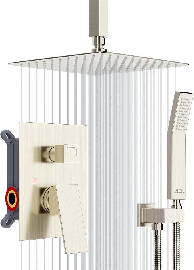 SunCleanse Rainfall Shower Faucet Set with High Pressure in Brushed Nickel | Ceiling mounted shower combo set featuring a 10" rainfall shower head, handheld spray, and rough-in shower valve.