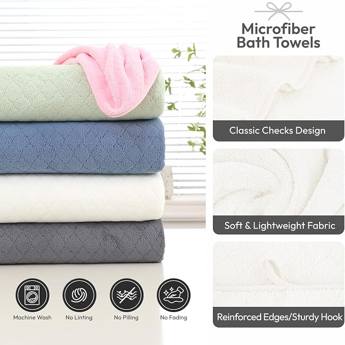 JML Bath Towels with Hanging Loop, 2 Pack, 27x55 in, Microfiber, White | Soft, Super Absorbent, Quick Dry, Lint-Free & Fade-Resistant, Lightweight Bathroom Towel for Daily Use
