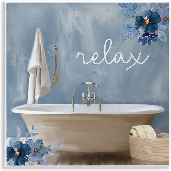 Stupell Industries Blue Floral Relax Bathroom Scene Wood Wall Art, Design by Kim Allen, 12 x 12, Wall Plaque | Stupell Industries · By Kim Allen · Ready to hang · Calm bath and laundry decor · Made in USA