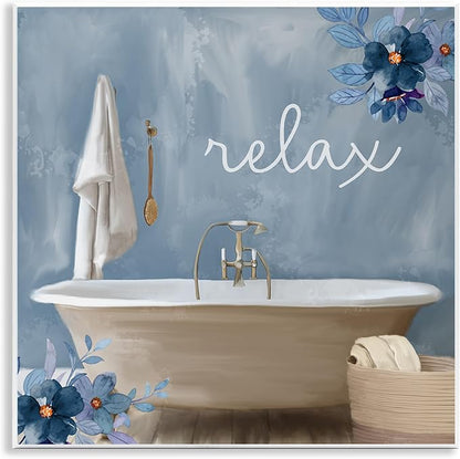 Stupell Industries Blue Floral Relax Bathroom Scene Wood Wall Art, Design by Kim Allen, 12 x 12, Wall Plaque | Stupell Industries · By Kim Allen · Ready to hang · Calm bath and laundry decor · Made in USA