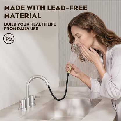 Pull Down Sprayer Brushed Nickel Widespread Bathroom Sink Faucet, 8 Inch 2 Handles 3 Hole Pull Out Bathroom Faucet,with Pop Up Drain and Water Supply Line,BF04022-K01-GBN