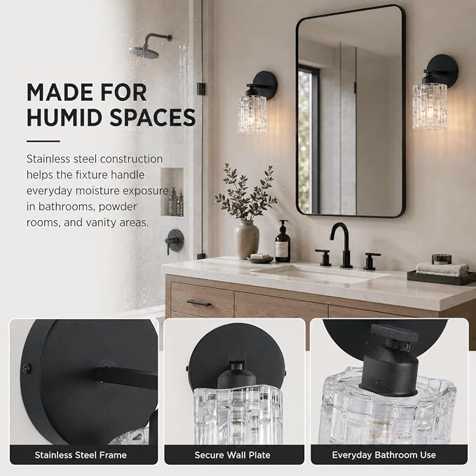 2-Pack 1-Light Modern Matte Black Crystal Wall Sconces, Hardwired Indoor Bathroom Vanity Light Fixtures, Crystal Over Mirror Lamps for Living Room, Bedroom, Hallway