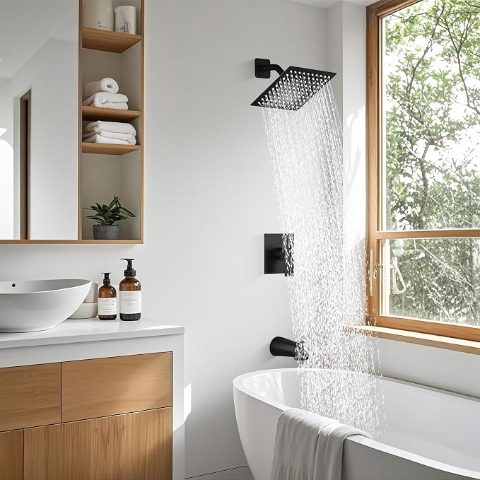 8" Square Rainfall Shower Faucet Set with Tub Spout, Matte Black | Wall Mounted, Single Handle, Rough-in Valve, 1/2" NPT, Air Pressure Boost