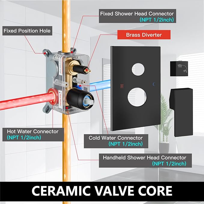 Midanya Shower Faucet Set,Wall Mount Shower System with Square Rain Shower Head and Hand Sprayer, Rough-in Valve Body and Trim Kit Included,10 Inch,Matte Black